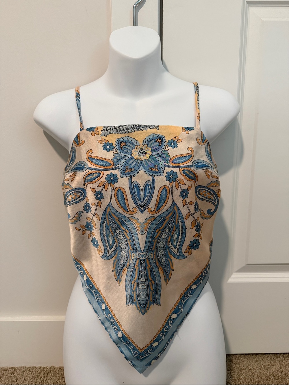 Fate Silky Paisley Scarf Top in Beige and Blue